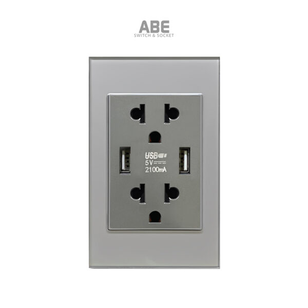 Ổ cắm đôi 3 chấu kèm USB Type C kính xám