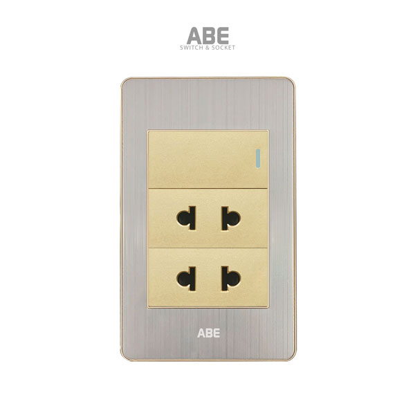 Công tắc đơn kèm ổ cắm đôi Satin B vàng hạt vàng ABE