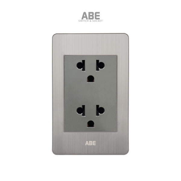 Ổ cắm đôi 3 chấu Satin B bạc hạt xám ABE