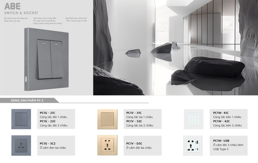 Mẫu công tắc ổ cắm vuông chất liệu nhựa PC bền bỉ