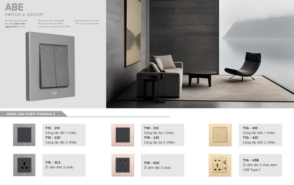 Công tắc ổ cắm điện mặt nhôm xước nguyên khối ABE
