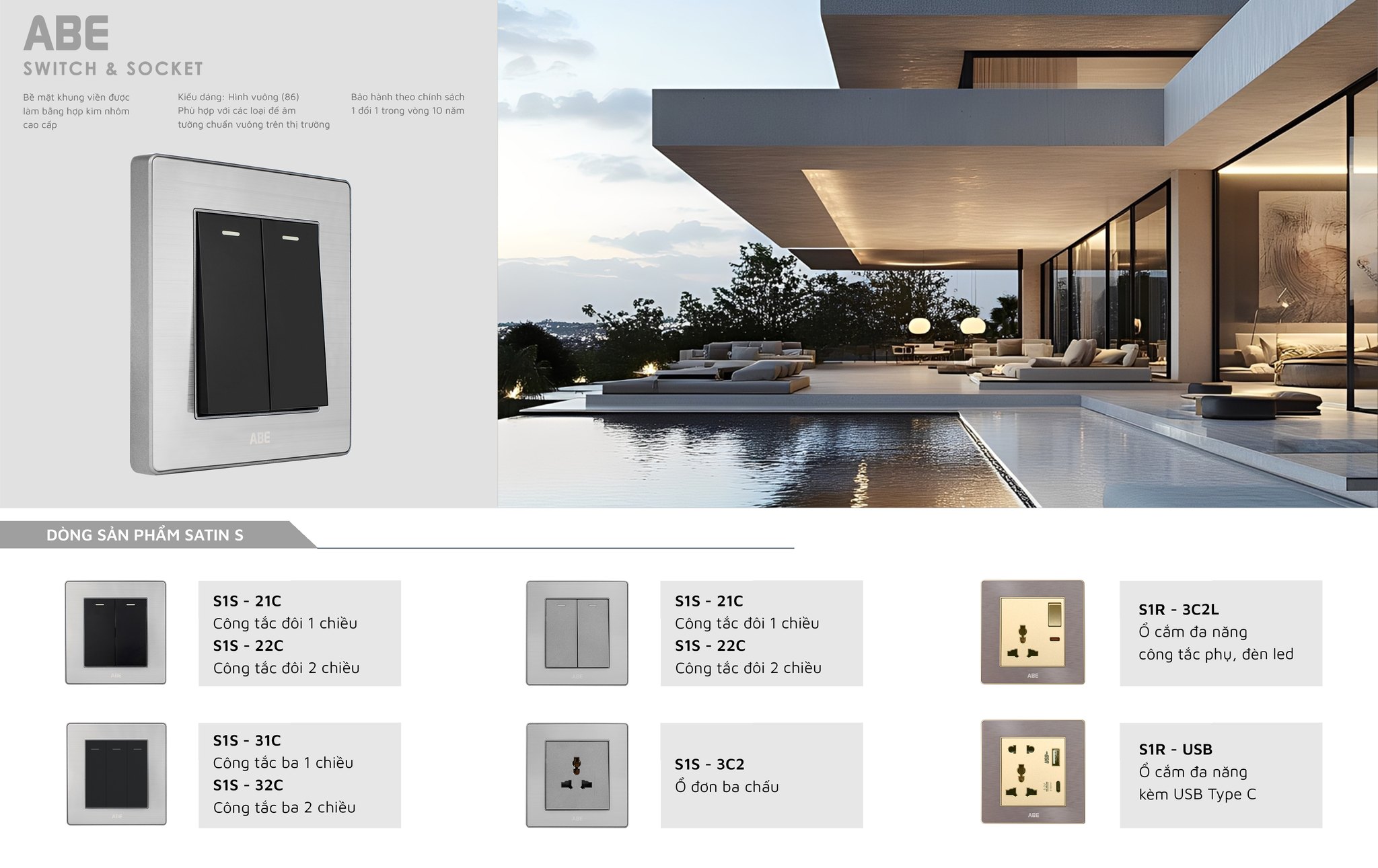 Mẫu công tắc ổ cắm điện vuông chất liệu Satin sang trọng