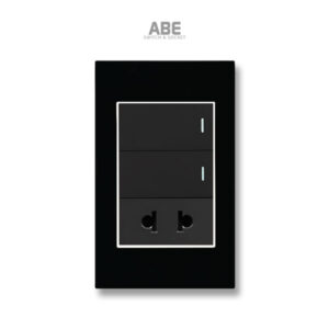 Mẫu công tắc đôi kèm ổ cắm đơn 2 chấu Crystal đen viền bạc hạt đen ABE