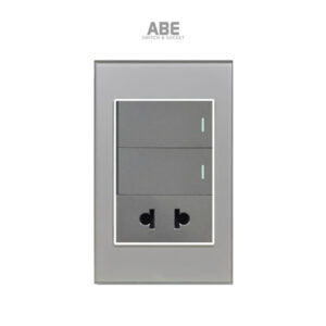 Mẫu công tắc đôi kèm ổ cắm đơn 2 chấu Crystal xám viền bạc ABE